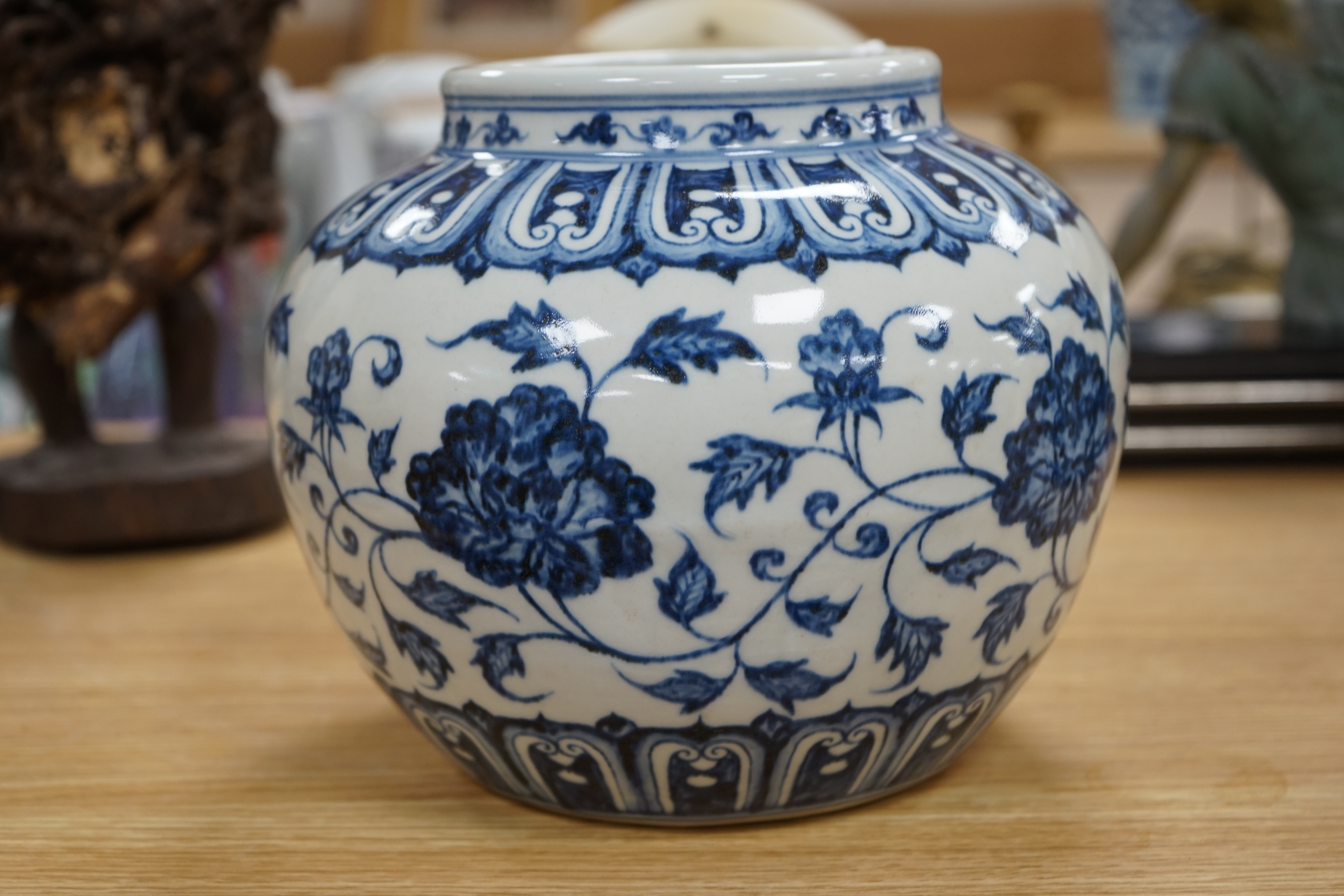 A Chinese blue and white floral bowl, 20cm high. Condition - good